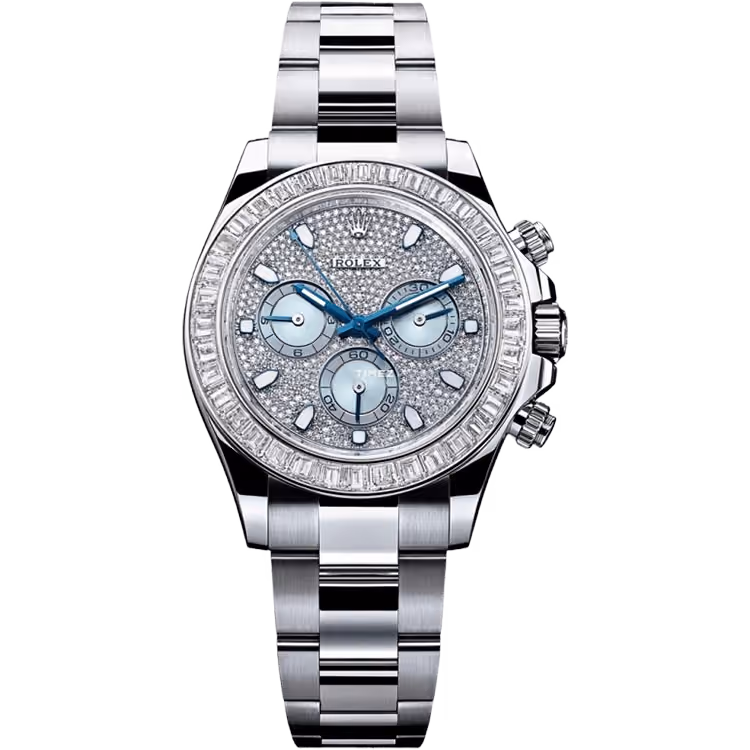 Rolex, Daytona, 126576TBR, Diamond Pave Dial, Chronograph, White Gold, Diamond Baguette Bezel, Oyster Bracelet, 40mm