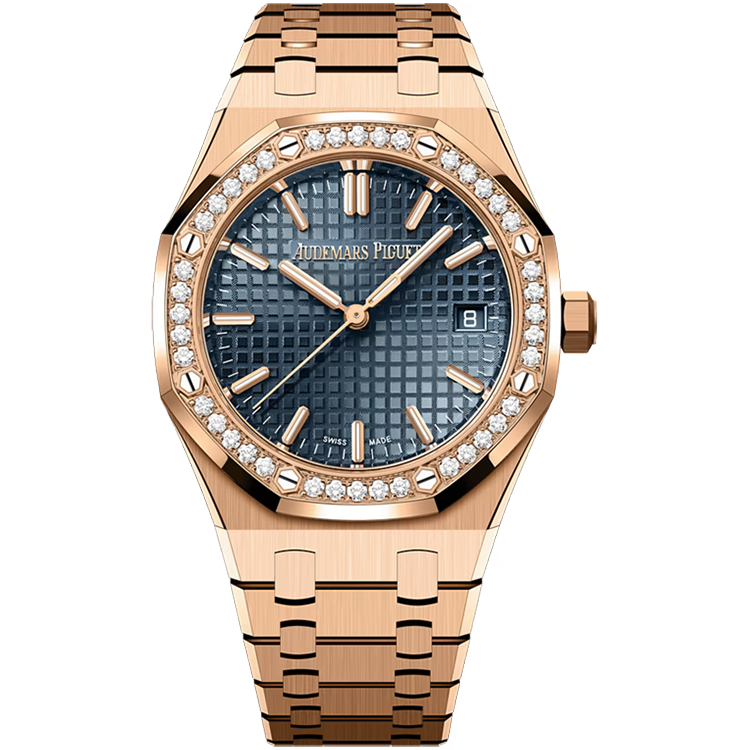 Audemars Piguet, Royal Oak, 77451OR, Blue Dial, 50th Anniversary, Rose Gold, Diamond Bezel, 34mm