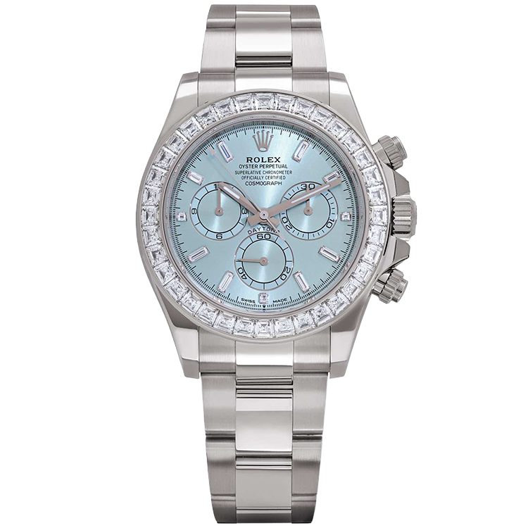 Rolex, Daytona, 126576TBR, Ice Blue Dial, Chronograph, White Gold, Diamond Baguette Bezel, Oyster Bracelet, 40mm