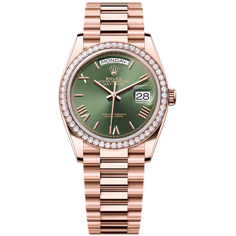 Rolex, Day-Date 36, 128345RBR, Olive Roman Dial, Rose Gold, Diamond Bezel, Presidential Bracelet, 36mm