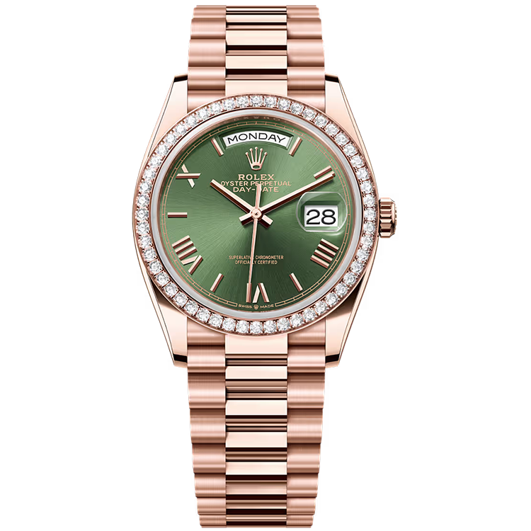 Rolex, Day-Date 36, 128345RBR, Olive Roman Dial, Rose Gold, Diamond Bezel, Presidential Bracelet, 36mm