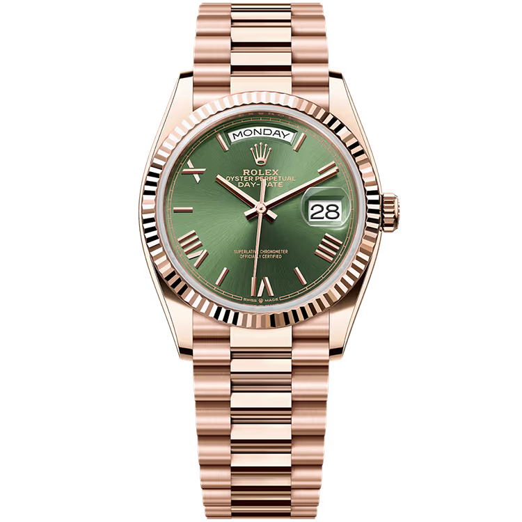 Rolex, Day-Date 36, 128235, Olive Roman Dial, Rose Gold, Presidential Bracelet, 36mm