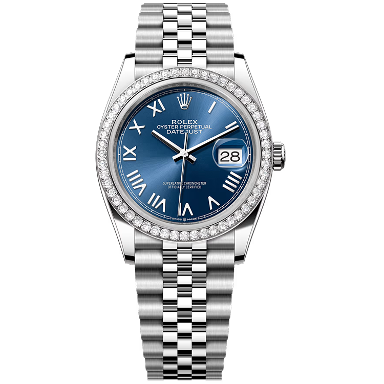 Rolex, Datejust 36, 126284RBR, Blue New Roman Dial, Stainless Steel, Diamond Bezel, Jubilee Bracelet, 36mm