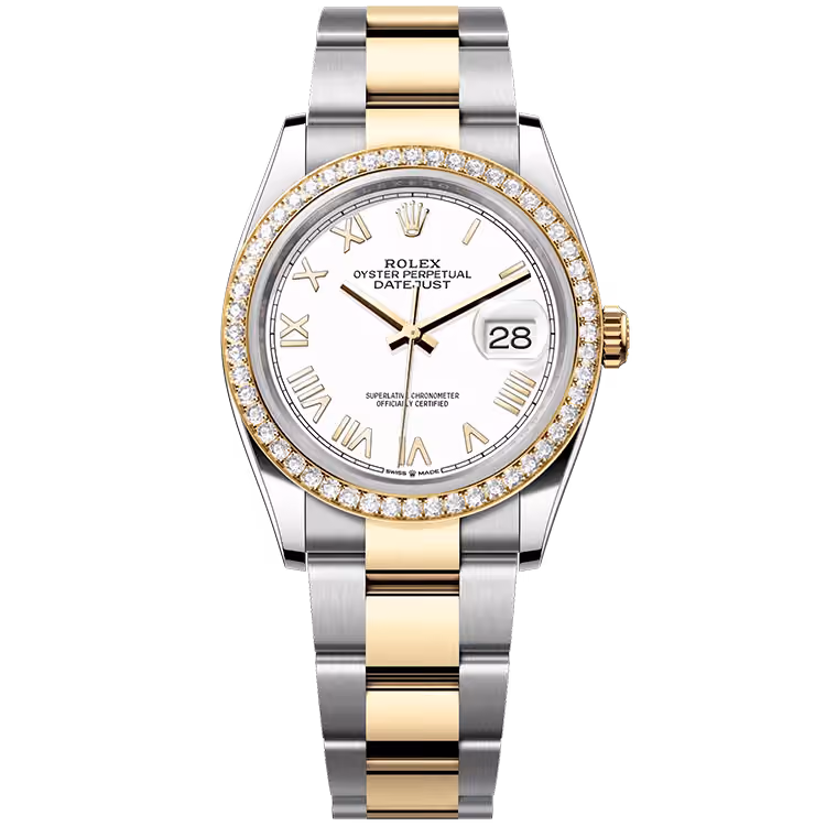 Rolex, Datejust 36, 126283RBR, White New Roman Dial, Steel & Yellow Gold, Diamond Bezel, Oyster Bracelet, 36mm