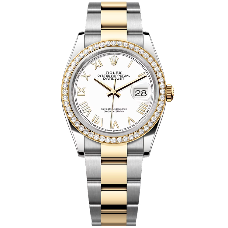 Rolex, Datejust 36, 126283RBR, White New Roman Dial, Steel & Yellow Gold, Diamond Bezel, Oyster Bracelet, 36mm