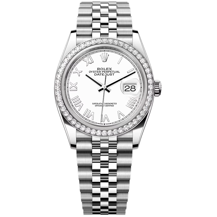 Rolex, Datejust 36, 126284RBR, White New Roman Dial, Stainless Steel, Diamond Bezel, Jubilee Bracelet, 36mm