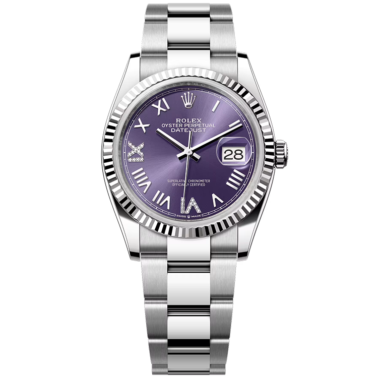 Rolex, Datejust 36, 126234, Purple New Roman Diamond Dial, Stainless Steel, Fluted Bezel, Oyster Bracelet, 36mm