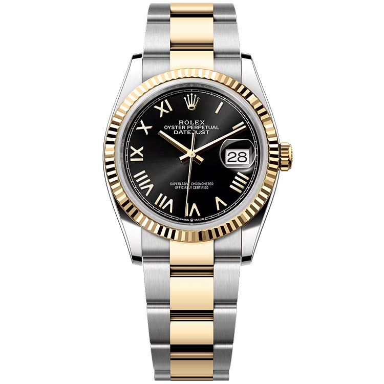 Rolex, Datejust 36, 126233, Black New Roman Dial, Steel & Yellow Gold, Fluted Bezel, Oyster Bracelet, 36mm