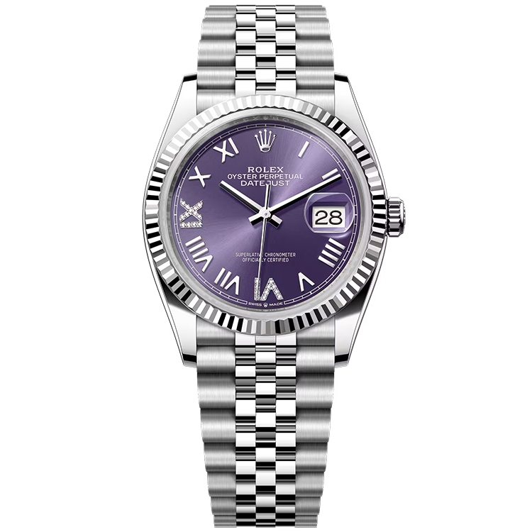 Rolex, Datejust 36, 126234, Purple New Roman Diamond Dial, Stainless Steel, Fluted Bezel, Jubilee Bracelet, 36mm
