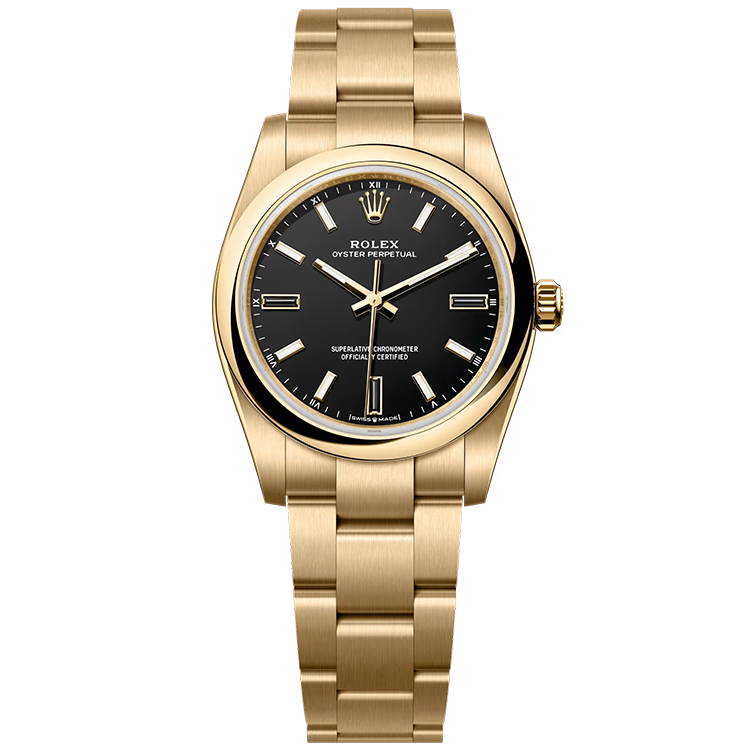 Rolex, Oyster Perpetual 34, 124208, Black Dial, Yellow Gold, Oyster Bracelet, 34mm