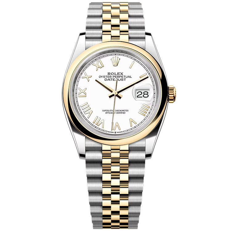 Rolex, Datejust 36, 126203, White New Roman Dial, Steel & Yellow Gold, Smooth Bezel, Jubilee Bracelet, 36mm