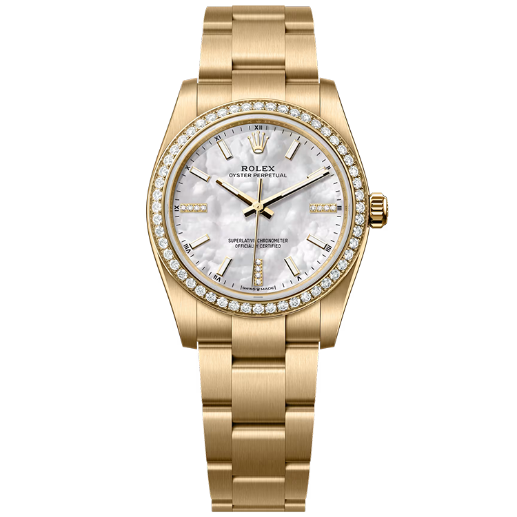 Rolex, Oyster Perpetual 34, 124248RBR, White Dial, Yellow Gold, Diamond Bezel, Oyster Bracelet, 34mm