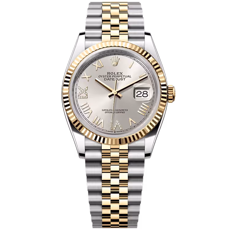 Rolex, Datejust 36, 126233, Silver New Roman Diamond Dial, Steel & Yellow Gold, Fluted Bezel, Jubilee Bracelet, 36mm