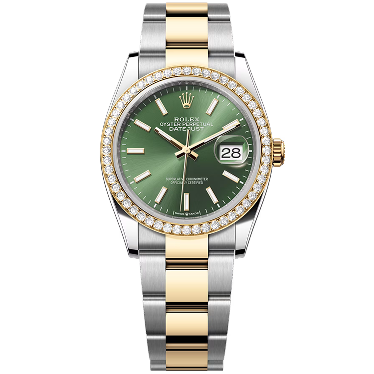 Rolex, Datejust 36, 126283RBR, Olive Index Dial, Steel & Yellow Gold, Diamond Bezel, Oyster Bracelet, 36mm