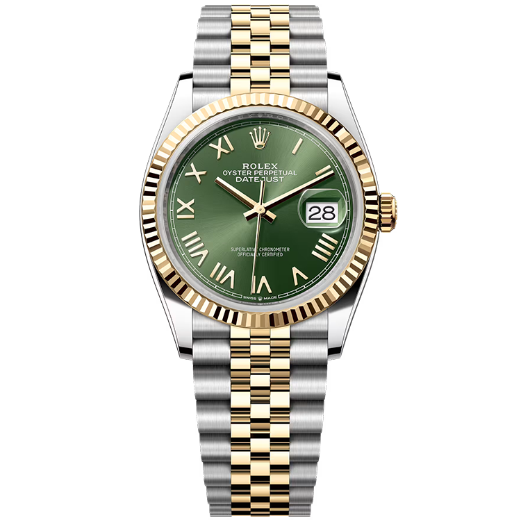 Rolex, Datejust 36, 126233, Olive New Roman Dial, Steel & Yellow Gold, Fluted Bezel, Jubilee Bracelet, 36mm
