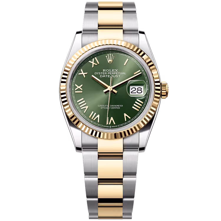 Rolex, Datejust 36, 126233, Olive New Roman Dial, Steel & Yellow Gold, Fluted Bezel, Oyster Bracelet, 36mm