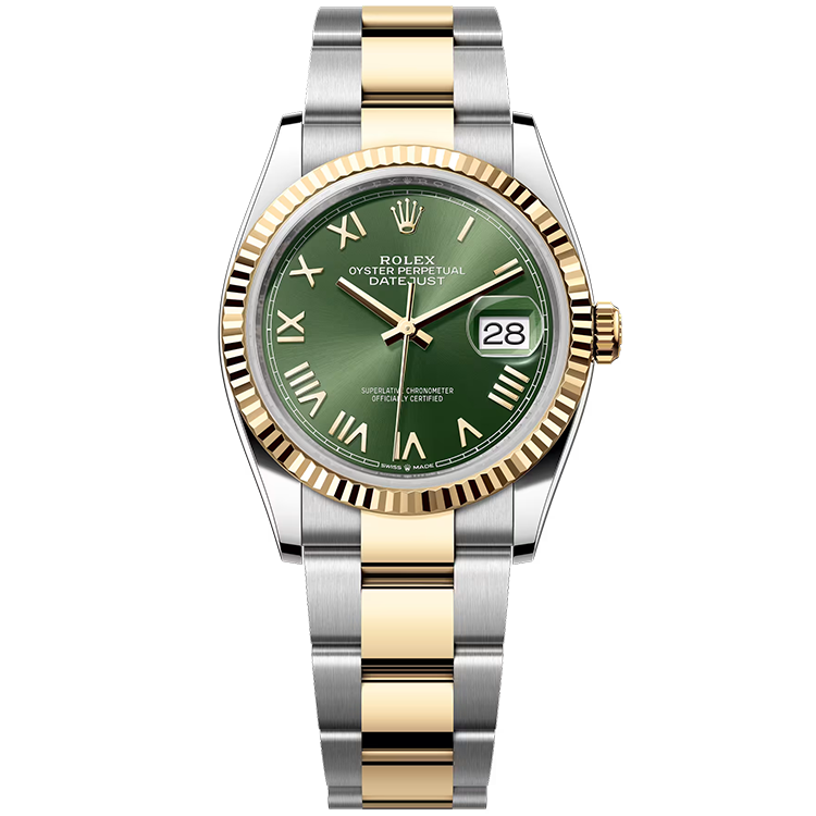 Rolex, Datejust 36, 126233, Olive New Roman Dial, Steel & Yellow Gold, Fluted Bezel, Oyster Bracelet, 36mm