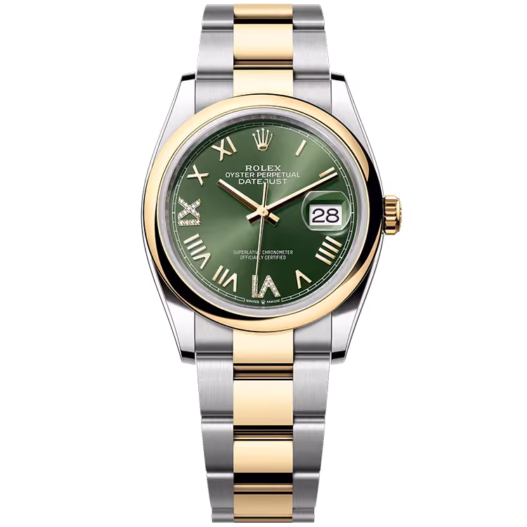 Rolex, Datejust 36, 126203, Olive New Roman Dial, Steel & Yellow Gold, Smooth Bezel, Oyster Bracelet, 36mm