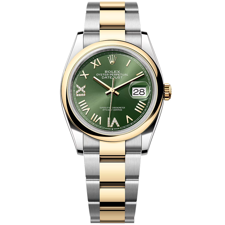Rolex, Datejust 36, 126203, Olive New Roman Diamond Dial, Steel & Yellow Gold, Smooth Bezel, Oyster Bracelet, 36mm
