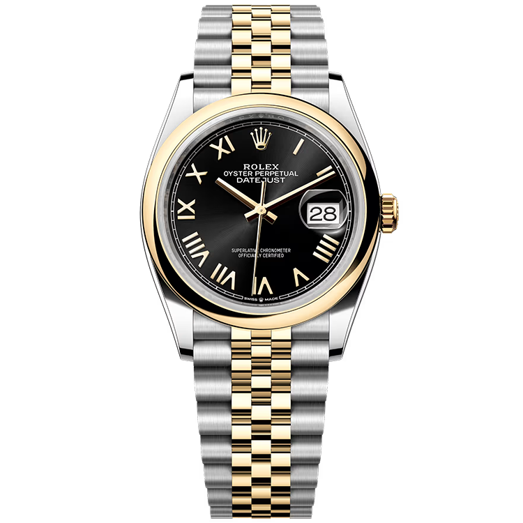 Rolex, Datejust 36, 126203, Black New Roman Dial, Steel & Yellow Gold, Smooth Bezel, Jubilee Bracelet, 36mm