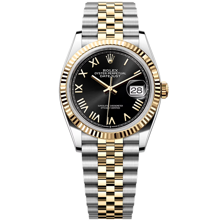 Rolex, Datejust 36, 126233, Black New Roman Dial, Steel & Yellow Gold, Fluted Bezel, Jubilee Bracelet, 36mm