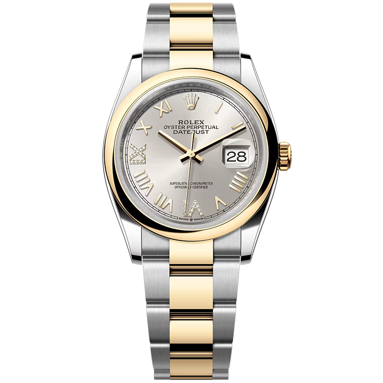 Rolex, Datejust 36, 126203, Silver New Roman Diamond Dial, Steel & Yellow Gold, Smooth Bezel, Oyster Bracelet, 36mm