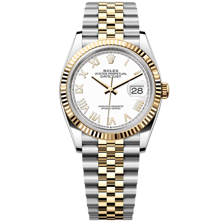Rolex, Datejust 36, 126233, White New Roman Dial, Steel & Yellow Gold, Fluted Bezel, Jubilee Bracelet, 36mm