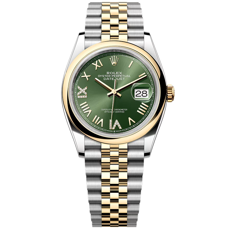 Rolex, Datejust 36, 126203, Olive New Roman Diamond Dial, Steel & Yellow Gold, Smooth Bezel, Jubilee Bracelet, 36mm
