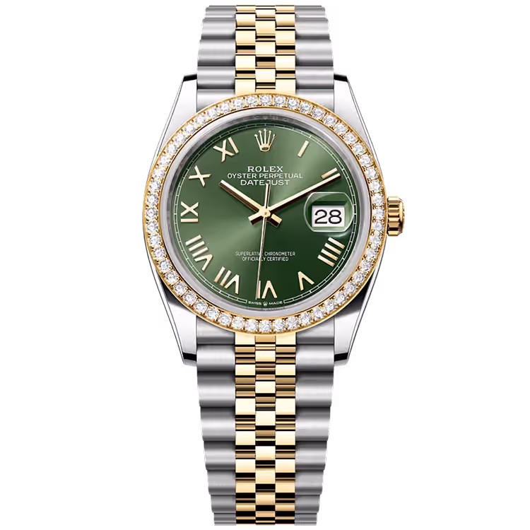 Rolex, Datejust 36, 126283RBR, Olive New Roman Dial, Steel & Yellow Gold, Diamond Bezel, Jubilee Bracelet, 36mm