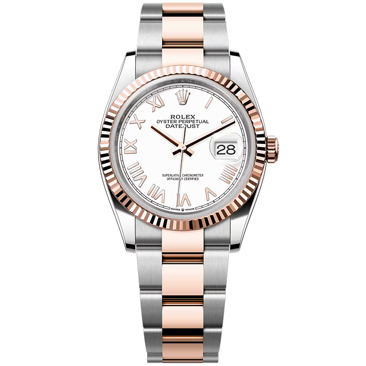 Rolex, Datejust 36, 126231, White New Roman Dial, Steel & Rose Gold, Fluted Bezel, Oyster Bracelet, 36mm