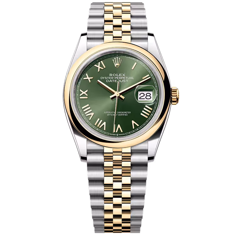 Rolex, Datejust 36, 126203, Olive New Roman Dial, Steel & Yellow Gold, Smooth Bezel, Jubilee Bracelet, 36mm