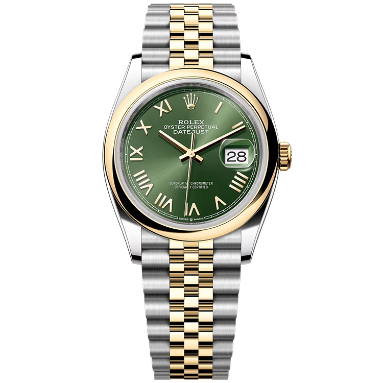 Rolex, Datejust 36, 126203, Olive New Roman Dial, Steel & Yellow Gold, Smooth Bezel, Jubilee Bracelet, 36mm