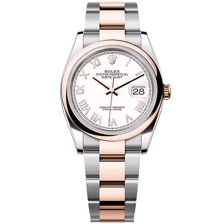 Rolex, Datejust 36, 126201, White New Roman Dial, Steel & Rose Gold, Smooth Bezel, Oyster Bracelet, 36mm