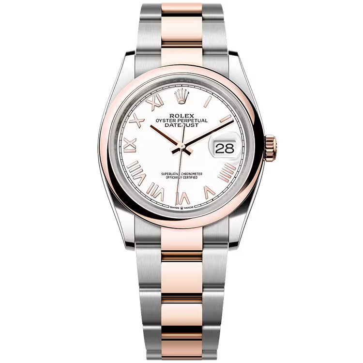 Rolex, Datejust 36, 126201, White New Roman Dial, Steel & Rose Gold, Smooth Bezel, Oyster Bracelet, 36mm