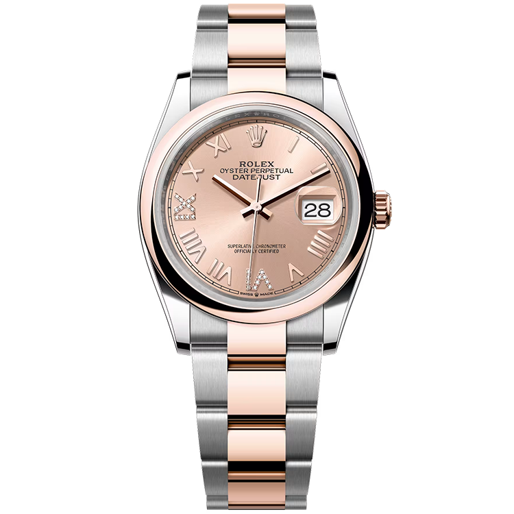Rolex, Datejust 36, 126201, Rose New Roman Diamond Dial, Steel & Rose Gold, Smooth Bezel, Oyster Bracelet, 36mm