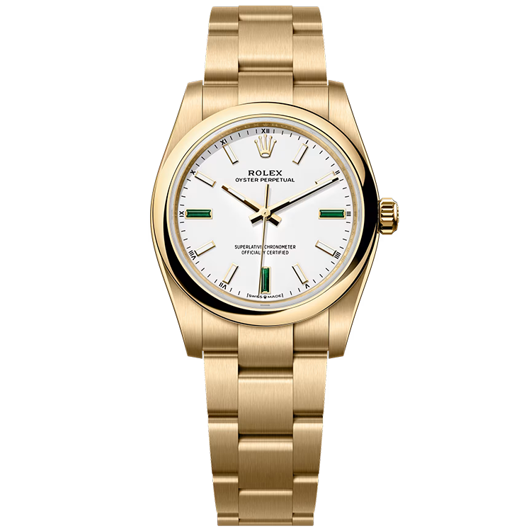 Rolex, Oyster Perpetual 34, 124208, White Dial, Yellow Gold, Oyster Bracelet, 34mm