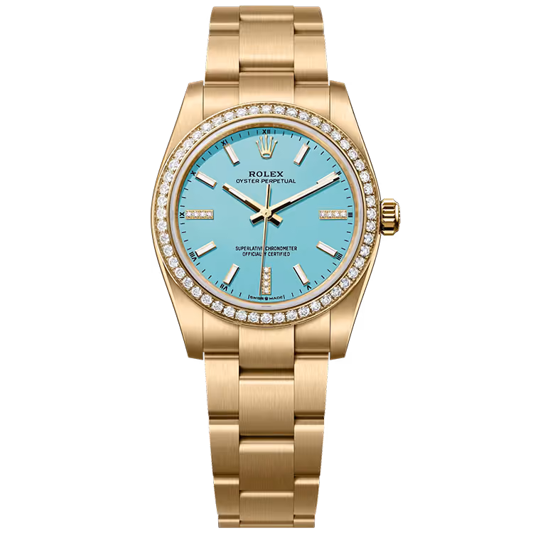 Rolex, Oyster Perpetual 34, 124248RBR, Turquoise Blue Dial, Yellow Gold, Diamond Bezel, Oyster Bracelet, 34mm
