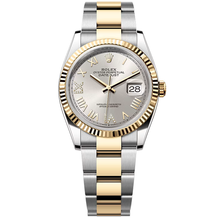 Rolex, Datejust 36, 126233, Silver New Roman Diamond Dial, Steel & Yellow Gold, Fluted Bezel, Oyster Bracelet, 36mm