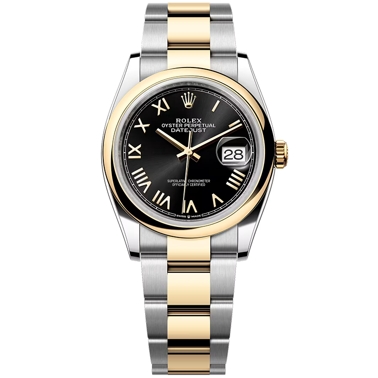Rolex, Datejust 36, 126203, Black New Roman Dial, Steel & Yellow Gold, Smooth Bezel, Oyster Bracelet, 36mm