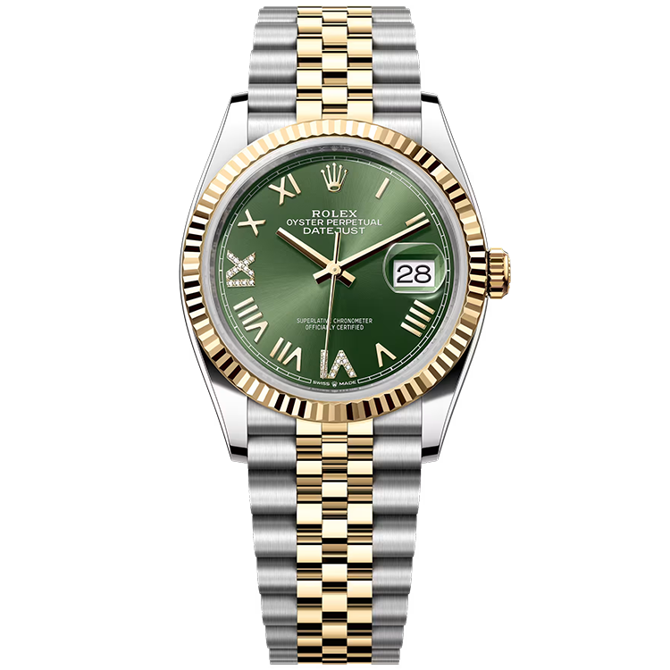 Rolex, Datejust 36, 126233, Olive New Roman Diamond Dial, Steel & Yellow Gold, Fluted Bezel, Jubilee Bracelet, 36mm
