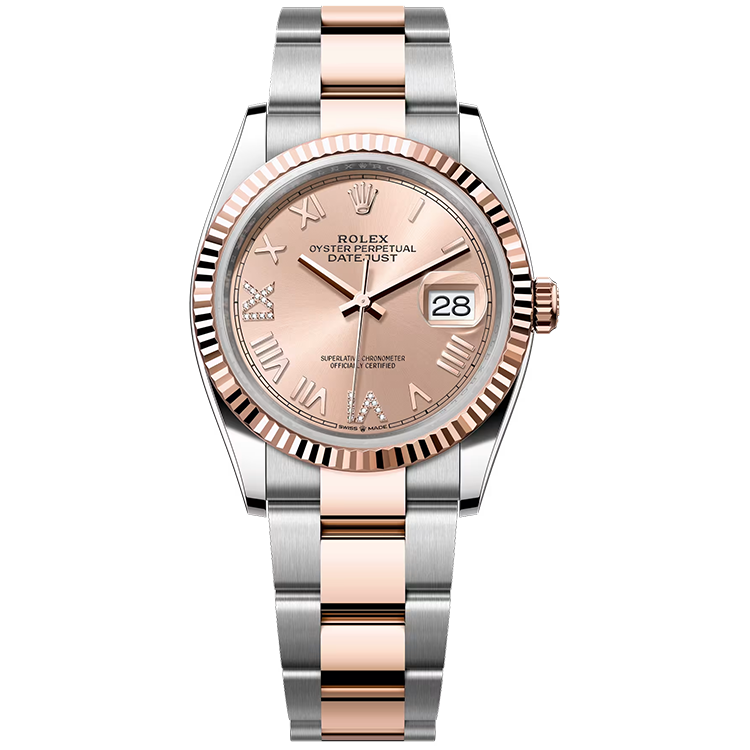 Rolex, Datejust 36, 126231, Rose New Roman Diamond Dial, Steel & Rose Gold, Fluted Bezel, Oyster Bracelet, 36mm
