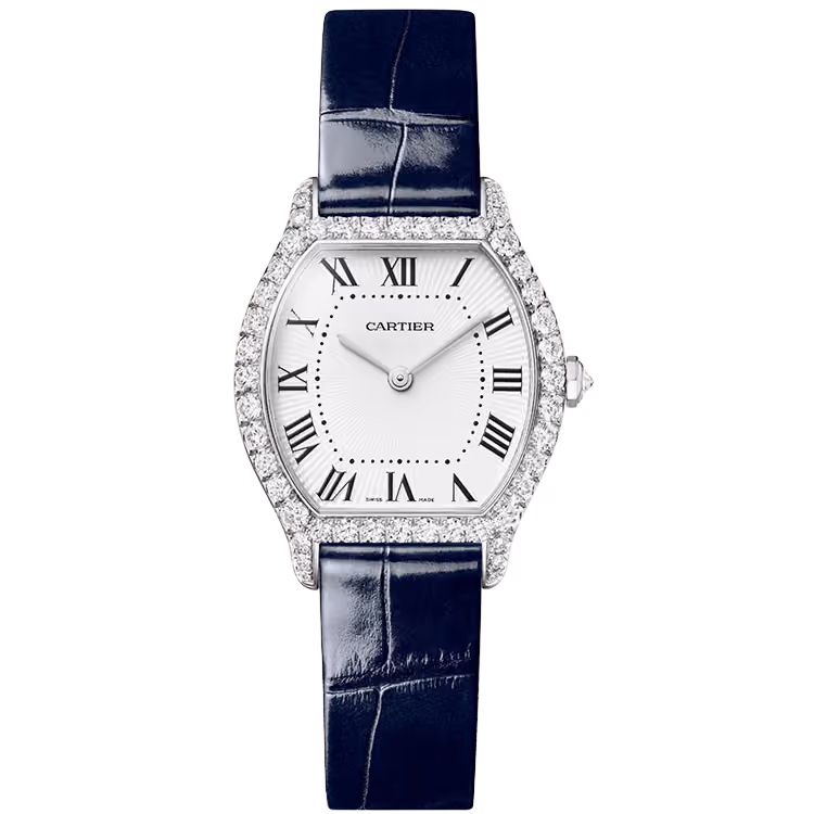 Cartier, Tortue, WJTO0014, White Dial, Small Model, White Gold, Diamond Bezel, Leather Bracelet, 33mm