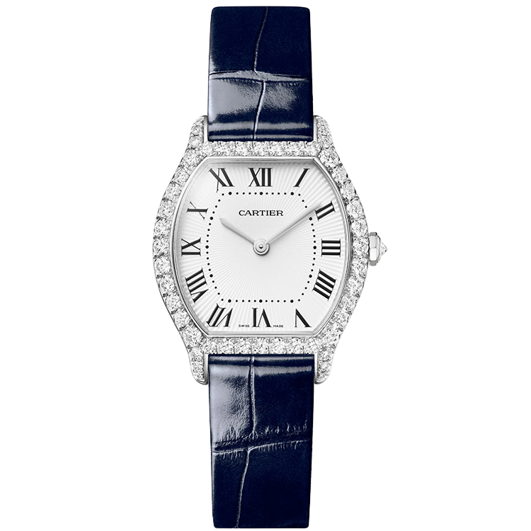 Cartier, Tortue, WJTO0014, White Dial, Small Model, White Gold, Diamond Bezel, Leather Bracelet, 33mm