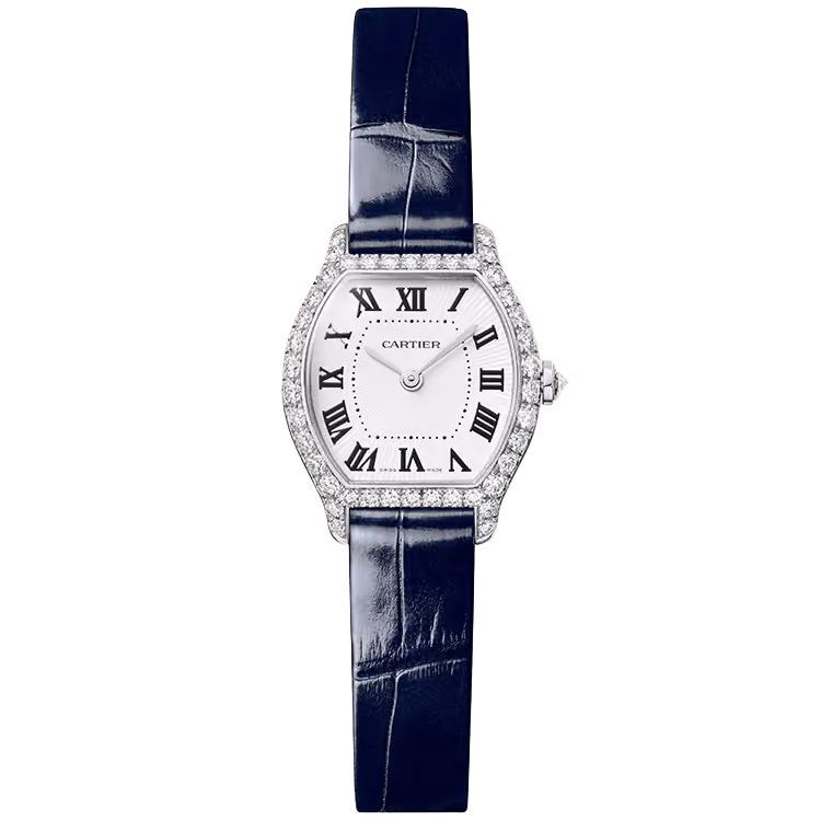 Cartier, Tortue, WJTO0013, White Dial, Mini Model, White Gold, Diamond Bezel, Leather Bracelet, 26mm