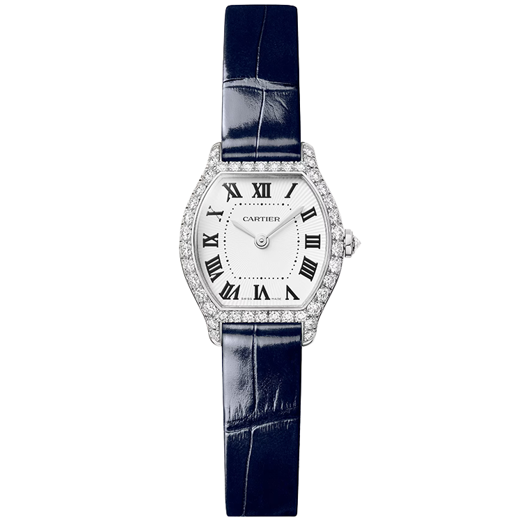 Cartier, Tortue, WJTO0013, White Dial, Mini Model, White Gold, Diamond Bezel, Leather Bracelet, 26mm