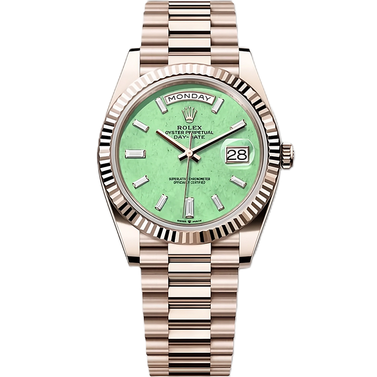 Rolex, Day-Date 40, 228235JG, Green Aventurine Baguette Diamond Dial, Jubilee Gold, Presidential Bracelet, 40mm