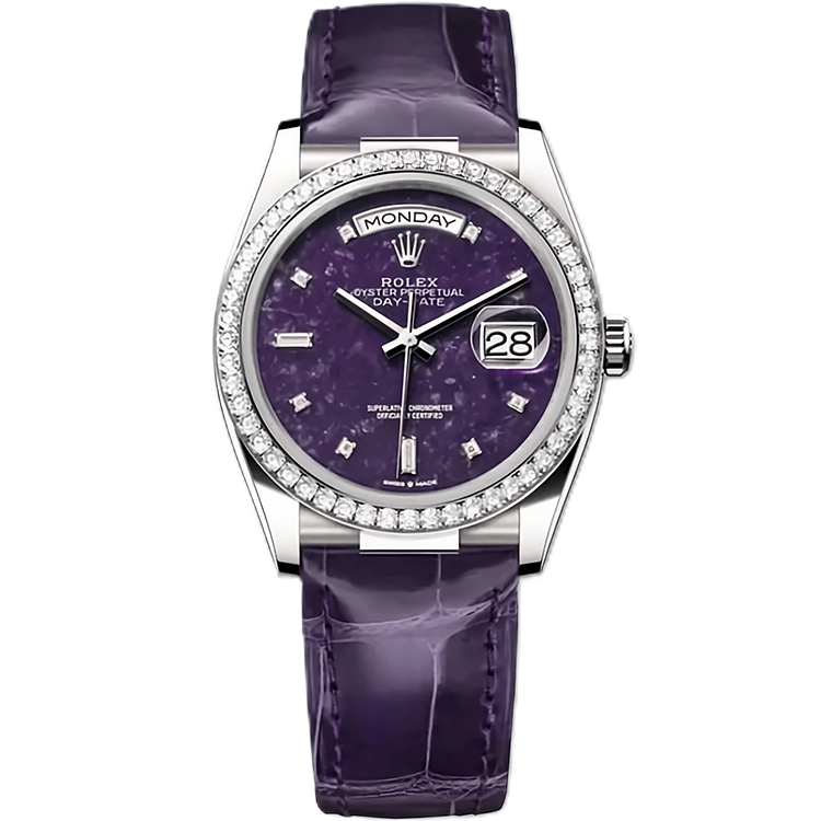 Rolex, Day-Date 36, 128149RBR, Crystallized Lepidolite Dial, White Gold, Diamond Bezel, Leather Bracelet, 36mm