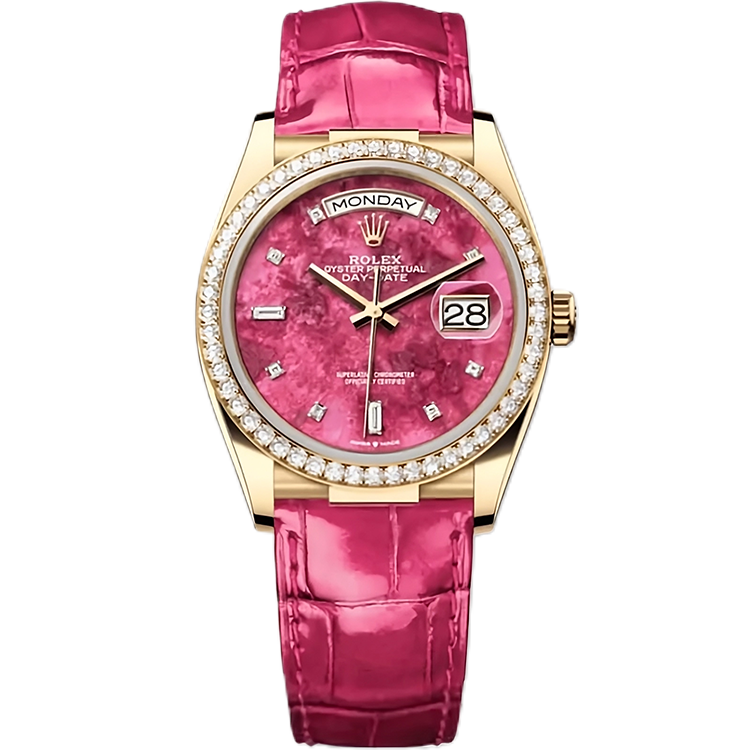 Rolex, Day-Date 36, 128148RBR, Pink Thulite Dial, Yellow Gold, Diamond Bezel, Leather Bracelet, 36mm