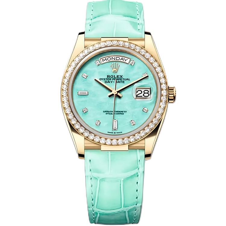 Rolex, Day-Date 36, 128148RBR, Amazonite Dial, Yellow Gold, Diamond Bezel, Leather Bracelet, 36mm