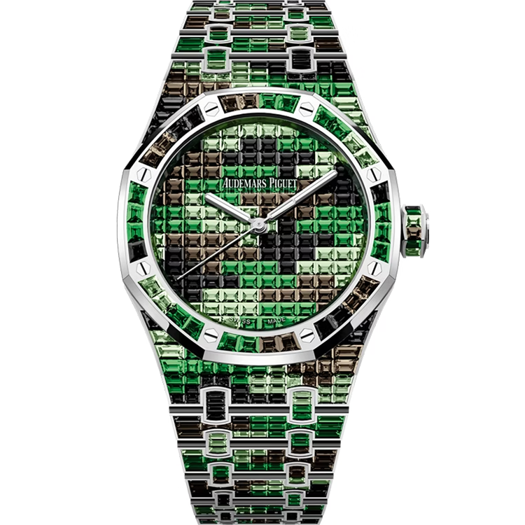 Audemars Piguet, Royal Oak, 15514BC, Green Pave Dial, White Gold, Gem-Set Baguette Bezel & Bracelet, 41mm